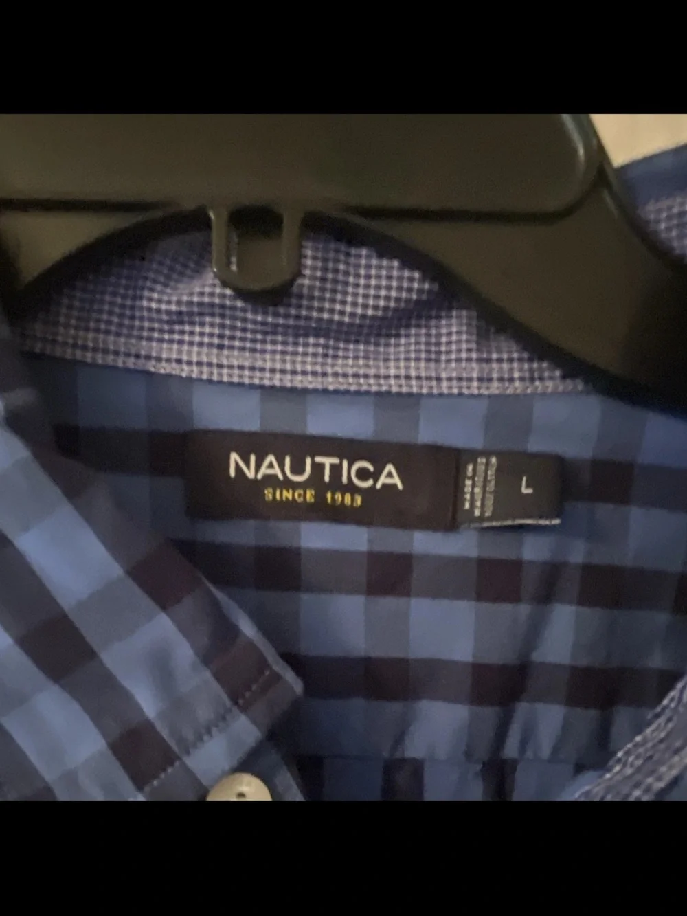L Men's Blue Check Button-Down Shirt